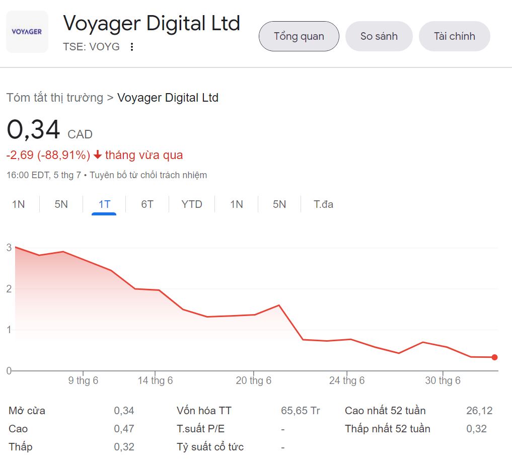 Biến động giá cổ phiếu của Voyager Digital. Nguồn Google Finance 