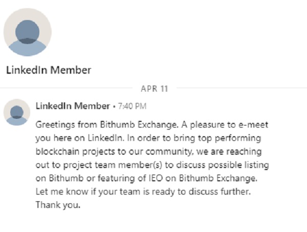 Đề nghị “béo bở” từ một thành viên LinkedIn tự xưng là nhân viên của sàn Bithumb. Nguồn Zhiyuan Sun