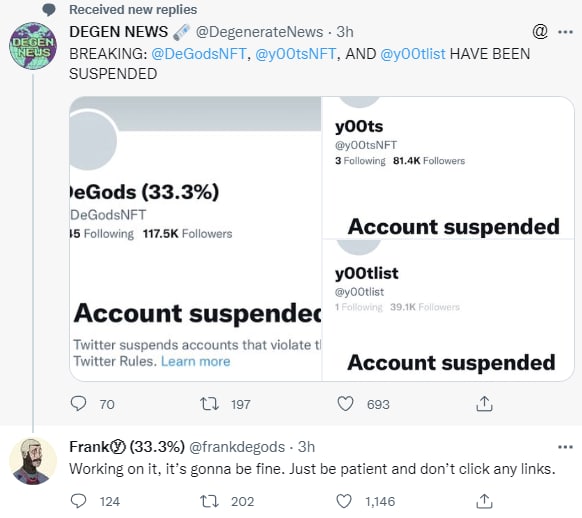 y00t và DeGods bị ban tài khoản Twitter! Tin tức và giả thuyết.
